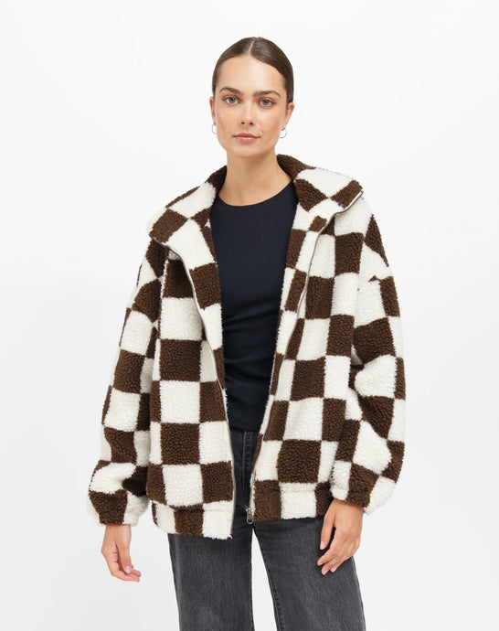 Checkerboard Sherpa Jacket - Chocolate Brown and Cream - Brunette The Label