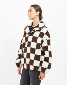 Checkerboard Sherpa Jacket - Chocolate Brown and Cream - Brunette The Label