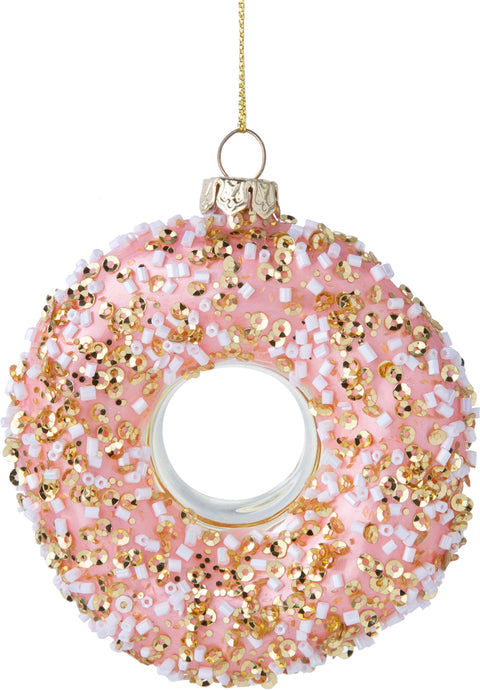 Pink Glass Doughnut with Sparkles Ornaments