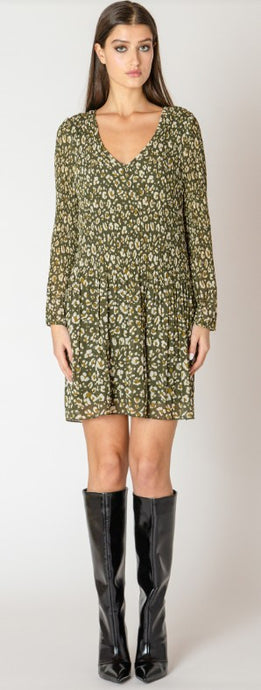 Pleated A-Line Dress - Green Animal Print