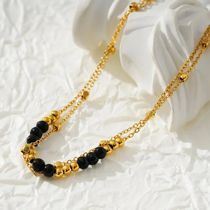 Hilda Lg: Two-in-One Square Beads & Round Beads in Black & Gold Anklet.