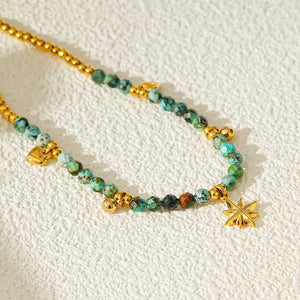 Kavya Lg: Blue Turquoise Stones with Gold Beads & Charms Chain Anklet