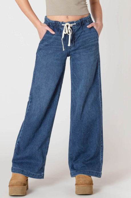 Wide Leg Knit Denimi Pants - Dark Denim Wash