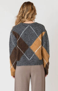 V Neck Patterned Sweater - Neutral Argyle