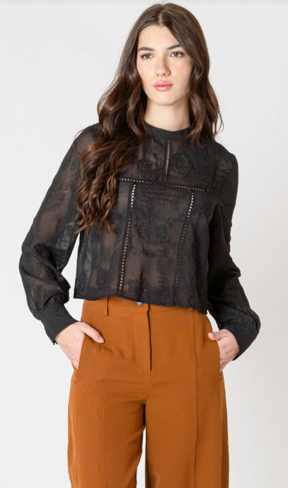 Embroidered Lace Insert Top - Black