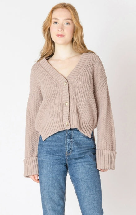 Cuffed Sleeve Textured Cardigan - Warm Taupe