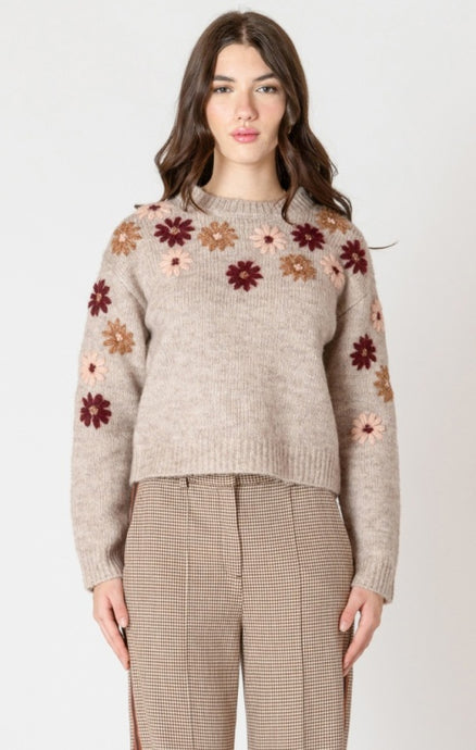 Crewneck Floral Applique Sweater - Floral Meadow