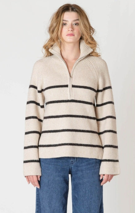 Half Zip Longline Sweater - Oat/Black/Stripe
