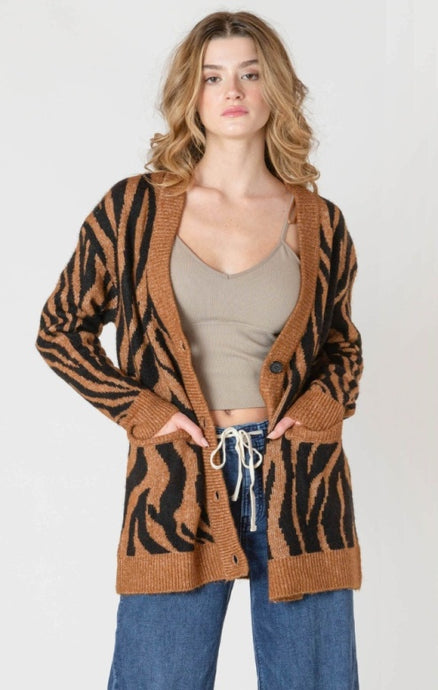 Button Front Patterned Cardigan - Tiger