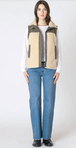 Mixed Fabric Vest - Olive/Tan