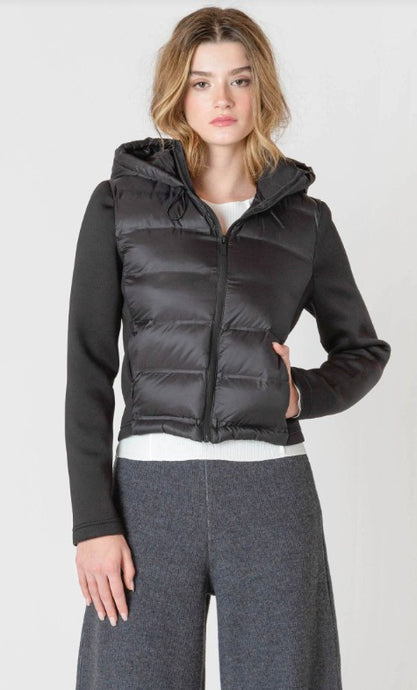 Mixed Fabric Puffer Jacket - Black