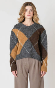 V Neck Patterned Sweater - Neutral Argyle