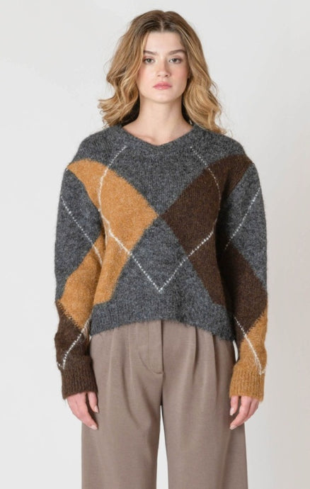 V Neck Patterned Sweater - Neutral Argyle