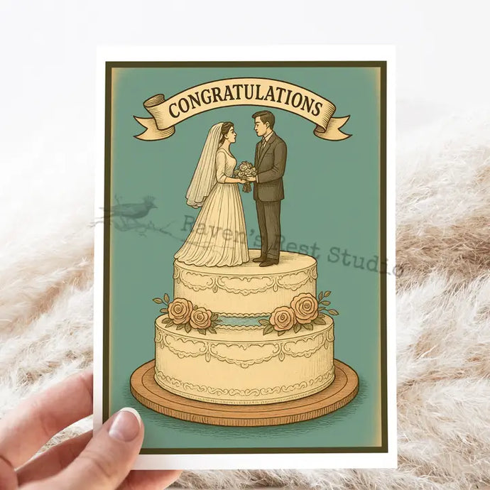 Vintage Bride and Groom On Top of Cake - Wedding Card