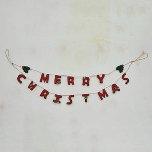 Merry Christmas Wool Felt Garland w/ Holly Leaves & Berries