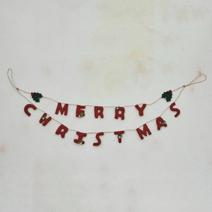 Merry Christmas Wool Felt Garland w/ Holly Leaves & Berries