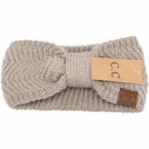 Knitted Chevron with Bow Knot Headwrap - Warm Grey
